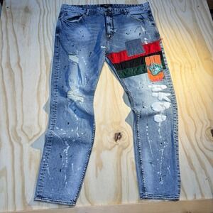 AKOO Men's Patchwork Distressed Paint Splatter Blue Denim Jeans Size 42
